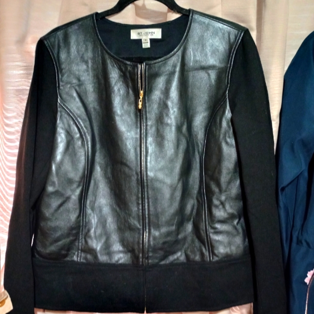St.John Heavy Punto Milano Leather Trim Jacket, Black, size 12